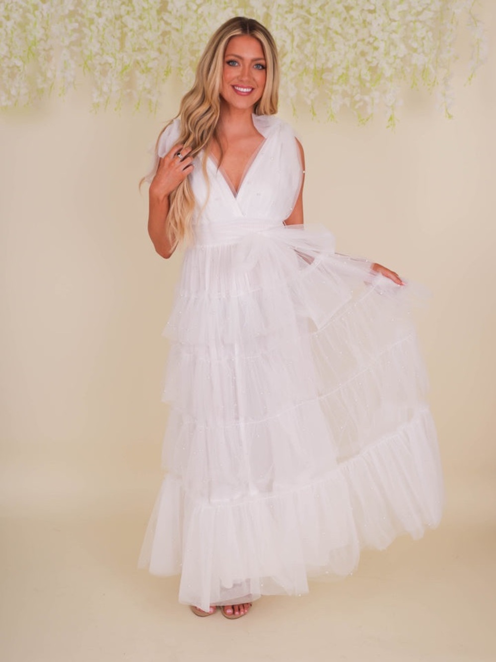 White Tiered Tulle Pearl Tie Shoulder Dress Medium